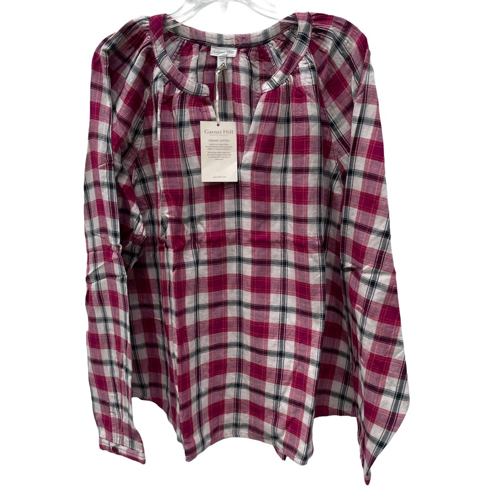 Garnet Hill - Plaid V-Neck Popover Womens Shirt- M - L - XL -100% Organic Cotton - Picture 2 of 9